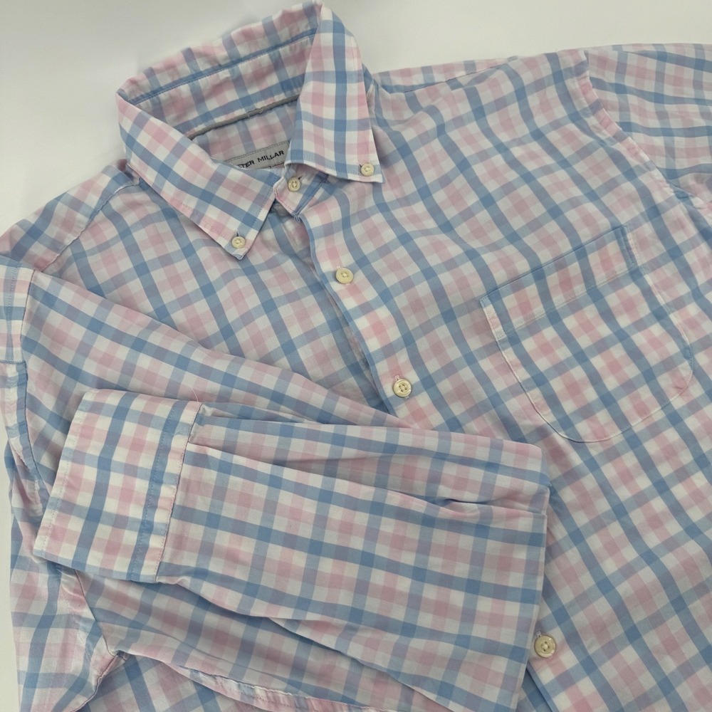 Peter Millar Mens‎ Large Gingham Check Button Down Long Sleeve Shirt Pink Blue